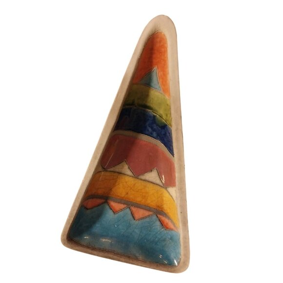 Raku PottGeometric Ceramic Triangle Dish From South Africa With Multicolor Desig - Picture 2 of 7